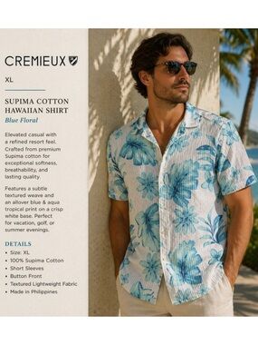 Cremieux XL Supima Cotton Blue Floral Textured Short Sleeve Resort shirt